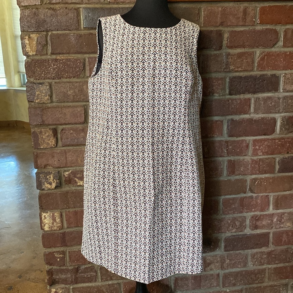 Tart geometric neon pink, black white brocade print sleeveless sheath mini dress